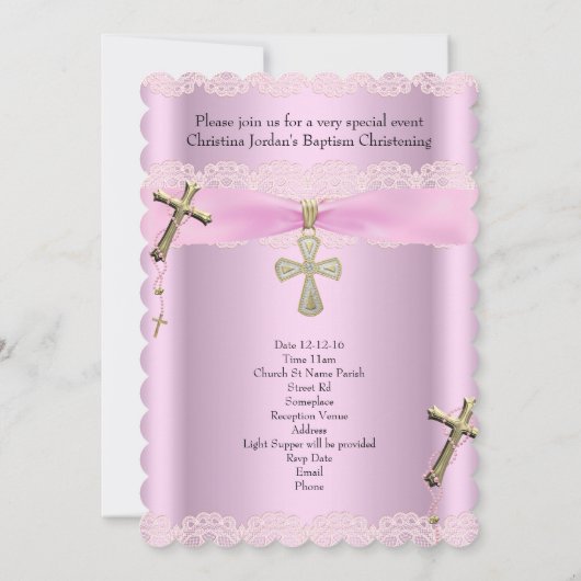 バプティスピンククロスガールレース《キリスト教》洗礼式や命名式 招待状 (裏面)