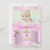 バプティスピンククロスガールレース《キリスト教》洗礼式や命名式 招待状 (正面)