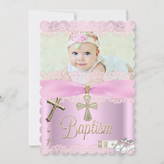 バプティスピンククロスガールレース《キリスト教》洗礼式や命名式 招待状 (正面)