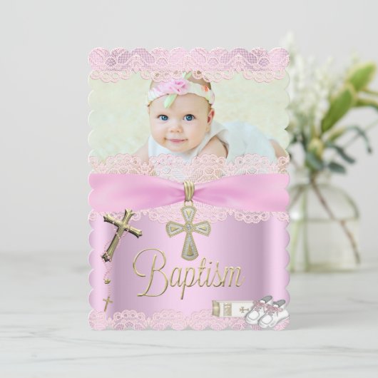 バプティスピンククロスガールレース《キリスト教》洗礼式や命名式 招待状 (スタンド正面)