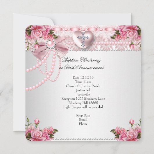 バプティスピンクシルバーハートクロスガールバラ5 招待状 (裏面)