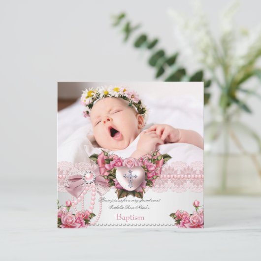 バプティスピンクシルバーフォトハートクロスガールバラ4 招待状 (スタンド正面)