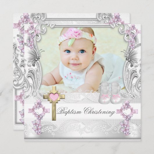バプティスピンクホワイトクロスガールフォト《キリスト教》洗礼式や命名式 招待状 (正面/裏面)