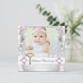 バプティスピンクホワイトクロスガールフォト《キリスト教》洗礼式や命名式 招待状 (スタンド正面)