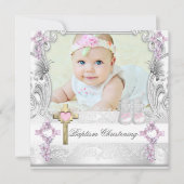 バプティスピンクホワイトクロスガールフォト《キリスト教》洗礼式や命名式 招待状 (正面)