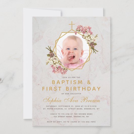 バプティスファースト誕生日ガールフォトピンクの蘭 招待状 (正面)