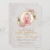 バプティスファースト誕生日ガールフォトピンクの蘭 招待状 (正面/裏面)