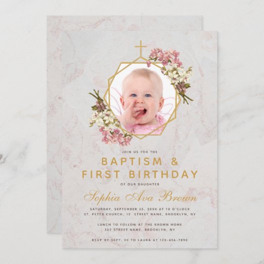 バプティスファースト誕生日ガールフォトピンクの蘭 招待状 (正面/裏面)