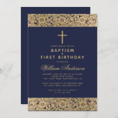 バプティスファースト誕生日ネイビーブルー金ゴールドバラボーイ 招待状 (正面/裏面)