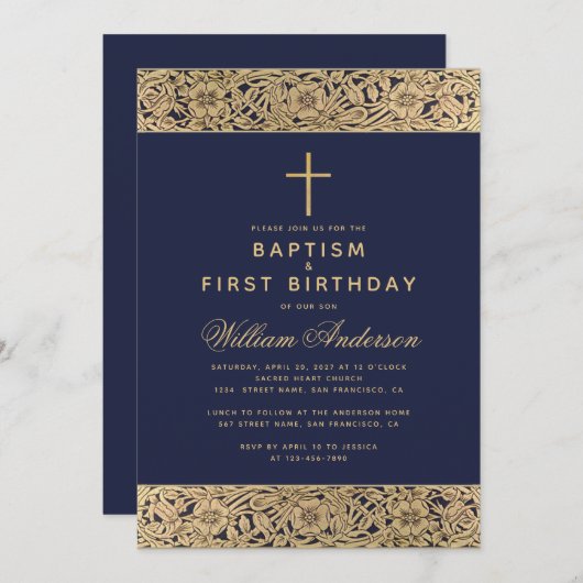 バプティスファースト誕生日ネイビーブルー金ゴールドバラボーイ 招待状 (正面/裏面)