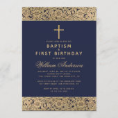 バプティスファースト誕生日ネイビーブルー金ゴールドバラボーイ 招待状 (正面)