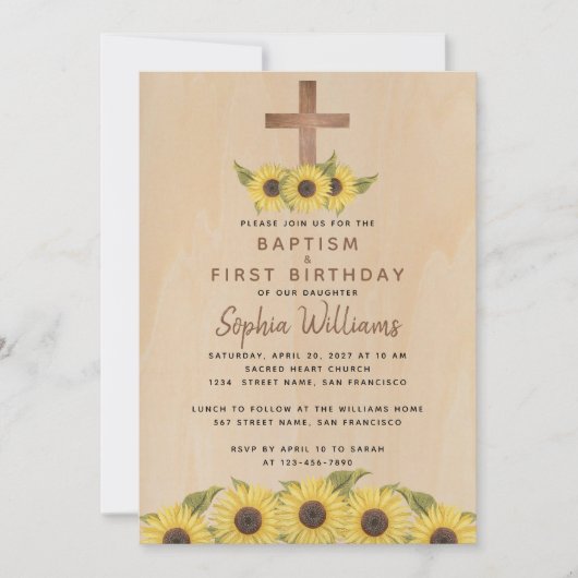 バプティスファースト誕生日ヒマワリアウッドクロス素朴 招待状 (正面)