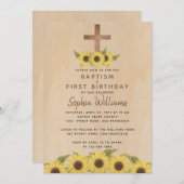 バプティスファースト誕生日ヒマワリアウッドクロス素朴 招待状 (正面/裏面)
