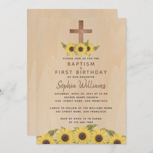 バプティスファースト誕生日ヒマワリアウッドクロス素朴 招待状 (正面/裏面)