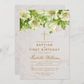 バプティスファースト誕生日リリーマーブルー金ゴールドクロス 招待状 (正面/裏面)