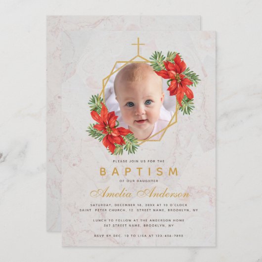 バプティスフォトウィンターポインセチア大理石金ゴールドフローラ 招待状 (正面/裏面)