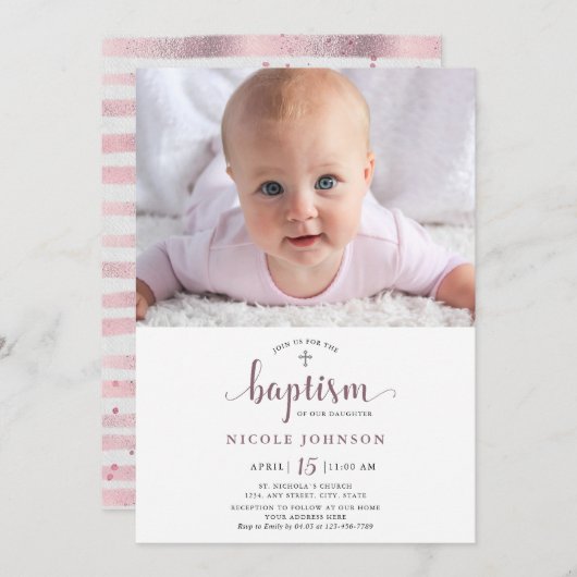 バプティスフォトガールエレガントグリッター招待状 招待状 (正面/裏面)