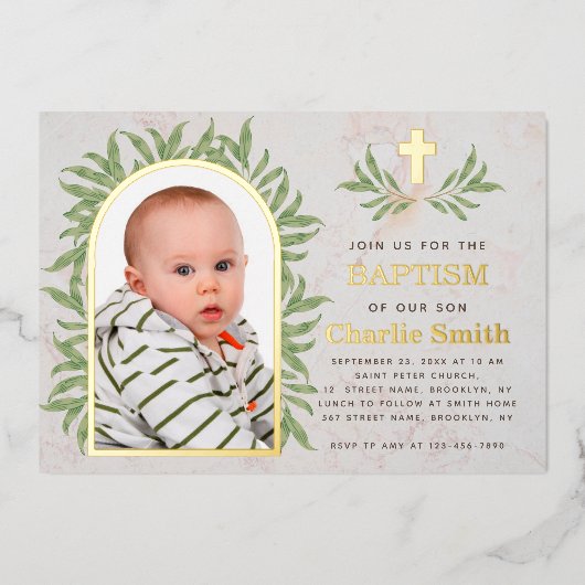 バプティスフォトグリーンリー金ゴールドアーチグリーン離れズ 箔招待状 (正面)