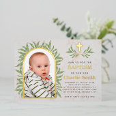 バプティスフォトグリーンリー金ゴールドアーチグリーン離れズ 箔招待状 (立ち正面)
