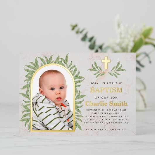 バプティスフォトグリーンリー金ゴールドアーチグリーン離れズ 箔招待状 (立ち正面)