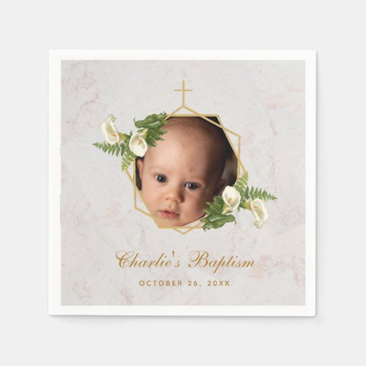 バプティスフォトマーブルフローラカラリリー金ゴールド スタンダードカクテルナプキン (正面)