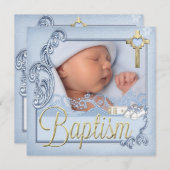 バプティスブルークロスボーイ《キリスト教》洗礼式や命名式写真 招待状 (正面/裏面)