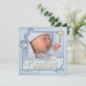 バプティスブルークロスボーイ《キリスト教》洗礼式や命名式写真 招待状 (スタンド正面)