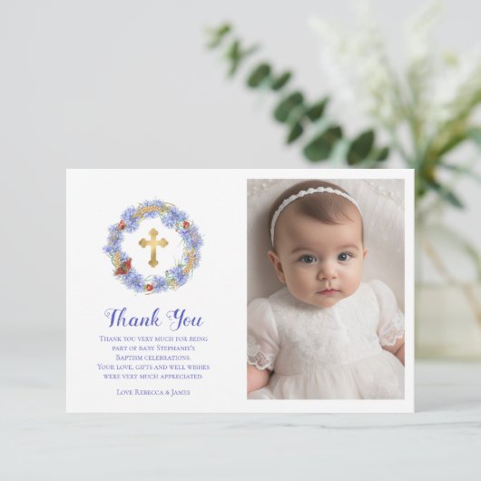 バプティスブルーコーンフラワー&ウィートバタフライ写真 サンキューカード (スタンド正面)