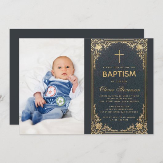 バプティスブルーヴィンテージボーイフォト金ゴールドクロス&スクリプト 招待状 (正面/裏面)