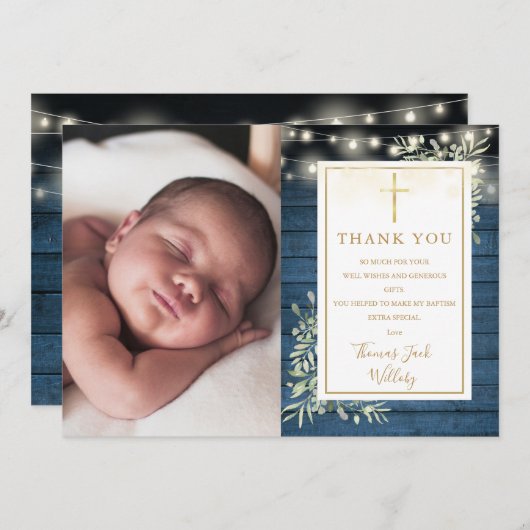 バプティスブルー素朴ストリングライト緑の写真 サンキューカード (正面/裏面)