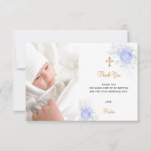 バプティスブルー花模様カスタム写真金ゴールド少年 サンキューカード (正面)