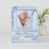 バプティスブルー金ゴールドクロスボーイ《キリスト教》洗礼式や命名式2 招待状 (スタンド正面)