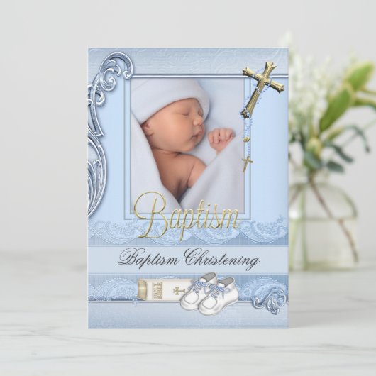バプティスブルー金ゴールドクロスボーイ《キリスト教》洗礼式や命名式2 招待状 (スタンド正面)