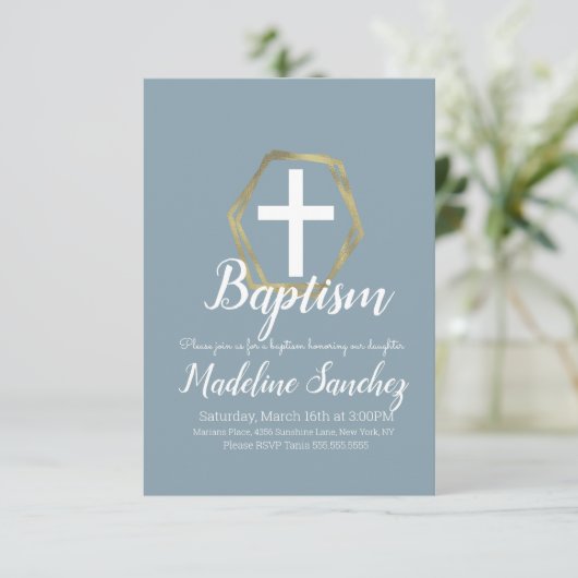 バプティスブルー金ゴールド献身《キリスト教》洗礼式や命名式 招待状 (スタンド正面)