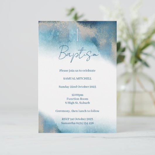 バプティスボーイ招待状。青と金ゴールドの水色 招待状 (スタンド正面)