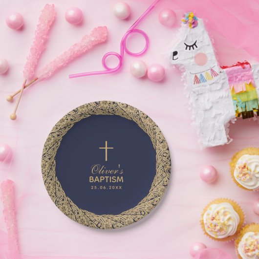 バプティスボーイ海軍ブルー金ゴールドバラスクリプトヴィンテージ ペーパープレート (パーティー)