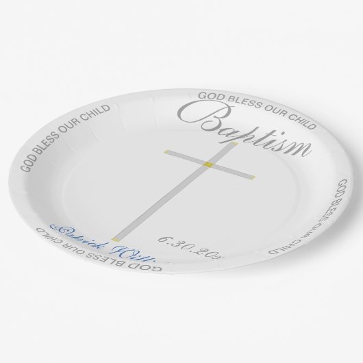 バプティスボーイ青の名前シルバークロス ペーパープレート (アングル)