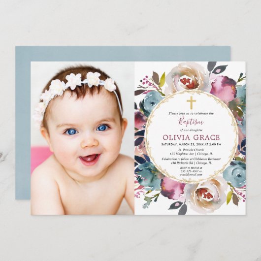 バプティスマの写真招待状ネイビー・ブルー・バーグンディ・メルロ 招待状 (正面/裏面)