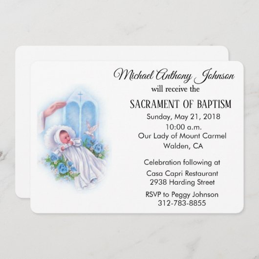 バプティスマル男の赤ちゃんブルーフラワーズ招待状 招待状 (正面/裏面)