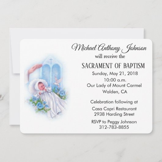 バプティスマル男の赤ちゃんブルーフラワーズ招待状 招待状 (正面)