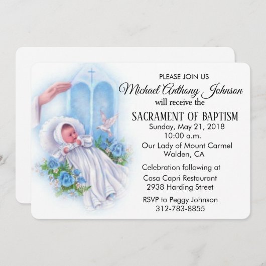 バプティスマル男の赤ちゃんブルーフラワーズ招待状 招待状 (正面/裏面)
