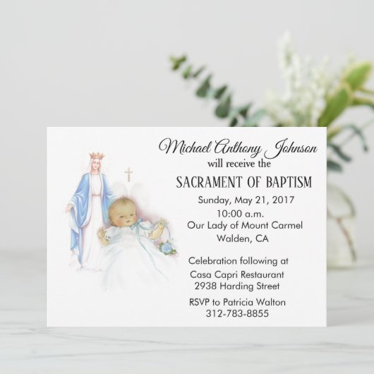 バプティスマル男の赤ちゃんヴィンテージヴァージンメアリー招待状 招待状 (スタンド正面)