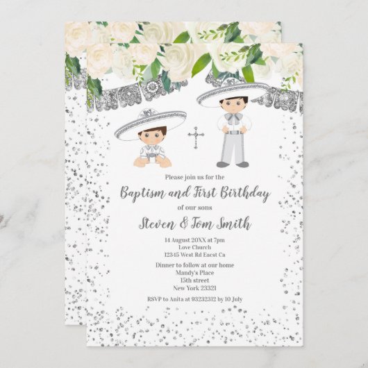 バプティスマンド誕生日フィエスタフローラツインズボーイ  招待状 (正面/裏面)