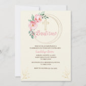 バプティスマ招待状スペインの、赤面ピンクフローラ 招待状 (正面)