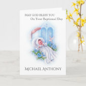 バプティスマ男の赤ちゃんブルーバラクロスカトリック カード (黄色い花)