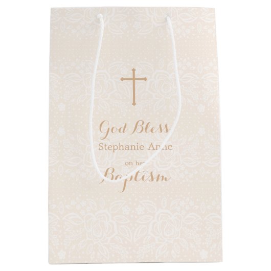 バプティスマ赤面ピンクデリケートフローラレース ミディアムペーパーバッグ (正面)