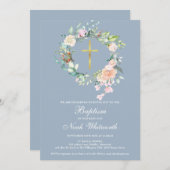 バプティスマ《キリスト教》洗礼式や命名式フローラガーランドダスティブルー 招待状 (正面/裏面)