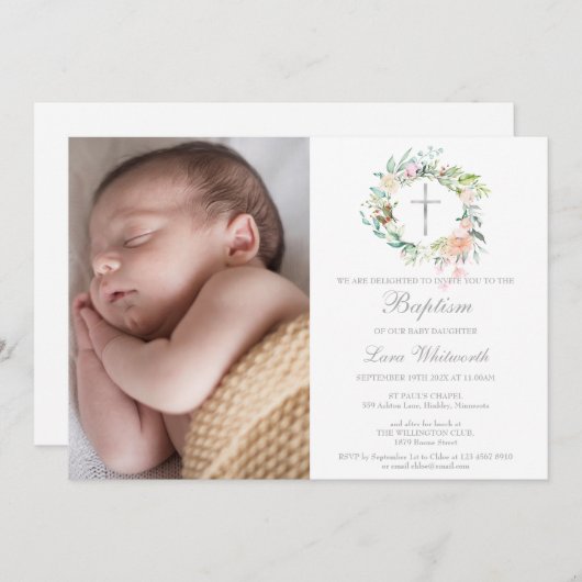 バプティスマ《キリスト教》洗礼式や命名式フローラガーランド写真 招待状 (正面/裏面)
