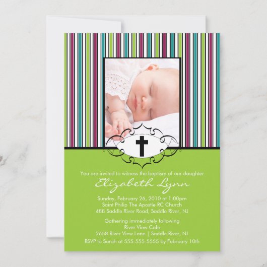 バプティスマ《キリスト教》洗礼式や命名式招待状フォトグリーンストライプ 招待状 (正面)