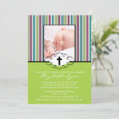 バプティスマ《キリスト教》洗礼式や命名式招待状フォトグリーンストライプ 招待状 (スタンド正面)